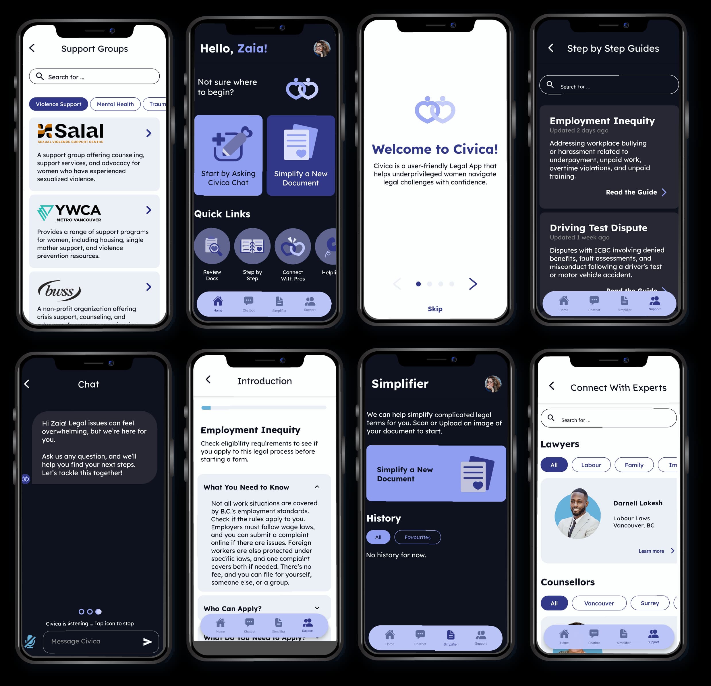 4x2 mockup of 8 phones showcasing different screens of the Civica app